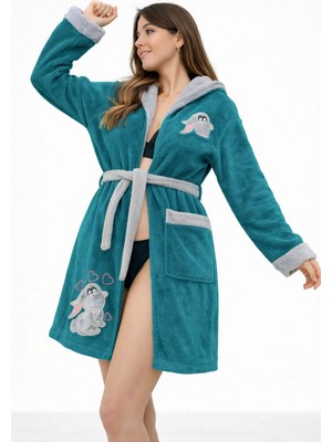 Caspara Wellsoft Tavşan Nakışlı Kapüşonlu Kadın Polar Bornoz - Yumuşak , Sıcak , Premium Ev Giyim Sabahlık