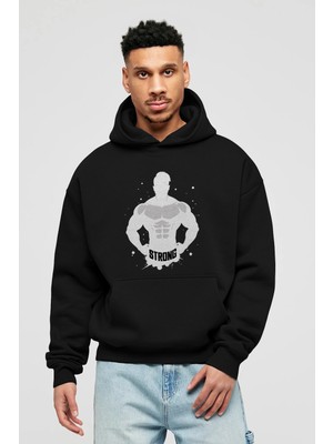 Ankhises Gym , Spor , Fitness Serisi 31 Ön Baskılı Siyah Hoodie Oversize Kapüşonlu Sweatshirt Erkek Kadın