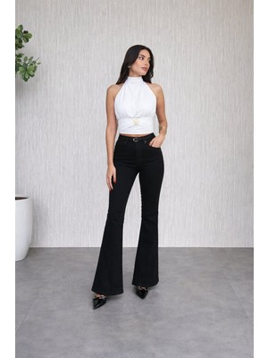Ecenin Favorileri Dar Kalıp - Bir Beden Büyük Alınabilir Siyah Ispanyol Paça Kadın Jean Pantolon