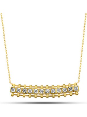Katre46 Gümüş Gold Zirkon Taşlı Kare Bar Kadın Kolye