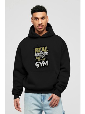 Ankhises Gym , Spor , Fitness Serisi 6 Ön Baskılı Siyah Hoodie Oversize Kapüşonlu Sweatshirt Erkek Kadın
