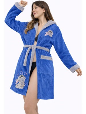 Caspara Wellsoft Tavşan Nakışlı Kapüşonlu Kadın Polar Bornoz - Yumuşak , Sıcak , Premium Ev Giyim Sabahlık