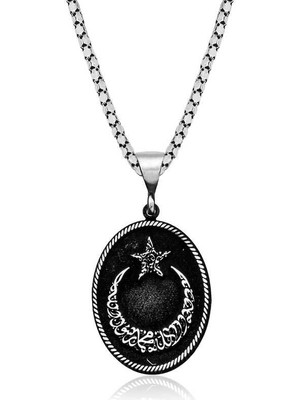 Erseyy 925 Ayar Gümüş Kelime-I Tevhid Yazılı Ay Yıldız Erkek Kolye