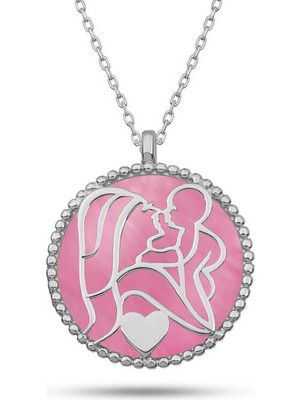 Katre46 Gümüş Pembe Sedef Taşlı Anne Çocuk Sevgisi Kolye