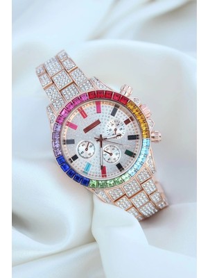 Die Grup Clariss Trend Rose Metal Kordonlu Zirkon Taş Kaplama Renkli Taşlı Kasa Tasarımlı Lüx Kadın Ko