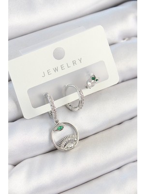 Bsre Pirinç Zirkon Taşlı Göz Baykuş Figürlü 3'lü Çift Kadın Küpe Set (Gümüş Renk)