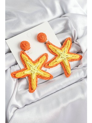 Bsre Bohem Stil Renkli Hasır Ip Örgü Detaylı Turuncu Deniz Yıldızı Küpe