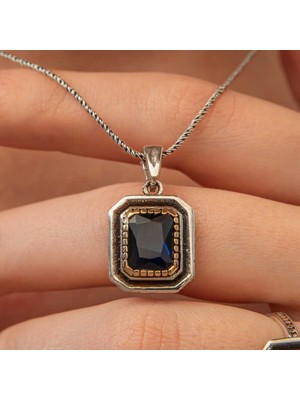 Katre46 Gümüş Lacivert Taşlı Dikdörtgen Kadın Kolye