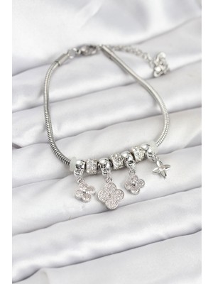 Pirinç Gümüş Renk Yonca Model Kadın Bileklik