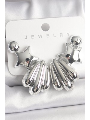 Bsre Yıldız Deniz Kabuklu Plastik Kadın Küpe Seti (Gümüş Renk)