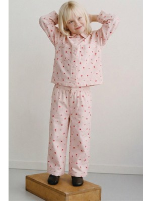 Magu Kız Çocuk Pamuklu Pembe Çiçek Desenli Ceket Yaka Pantolon Takım