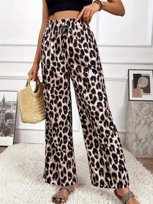 Kadın Yüksek Bel Beli Lastikli Bağcıklı Leopar Desenli Süprem Pantolon