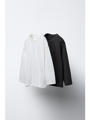 Magu Unisex Çocuk Pamuklu Siyah & Beyaz Düz Uzun Kollu T-Shirt 2'li Set