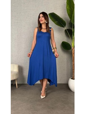 Kadın Çan Dokuma Kumaş V Yaka Asimetrik Kesim Elbise