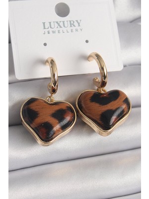 Bsre Pirinç 3D Kalp Leopar Desen Figürlü Kadın Küpe (Gold Renk)