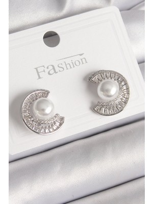 Bsre Pirinç Zirkon Taşlı Salyangoz Figürlü Incili Kadın Küpe (Gümüş Renk)