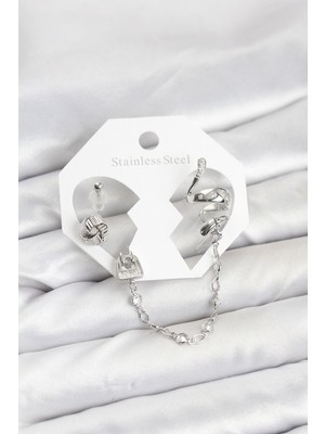 Pirinç Gümüş Renk Yılan Model Zincir Bağlantılı Ear Cuff Küpe Seti