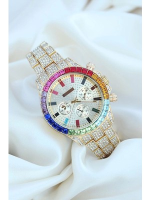 Die Grup Clariss Trend Gold Metal Kordonlu Zirkon Taş Kaplama Renkli Taşlı Kasa Tasarımlı Lüx Kadın Ko