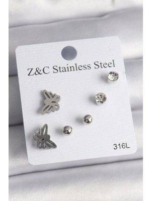 Bsre Gümüş Renk Kelebekli Kadın Küpe Seti (316L Çelik)