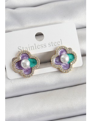 Bsre Gold Kaplama Mor ve Yeşil Mineli Incili Yonca Küpe