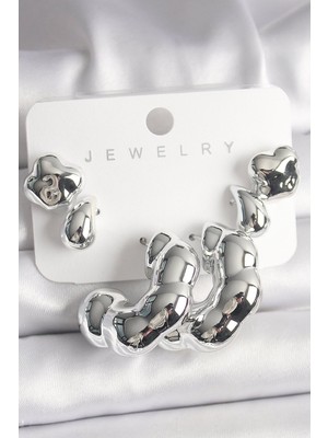 Bsre Yonca Damla Halka Plastik Kadın Küpe Seti (Gümüş Renk)