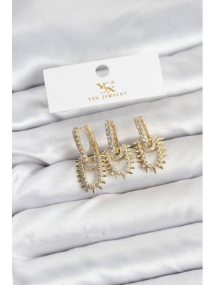 Pirinç Gold Renk Zirkon Taşlı Vintage Model Ysx Trio Küpe Seti