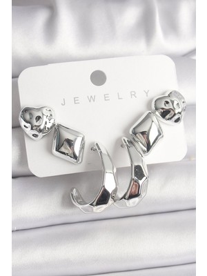 Bsre Kalp Halka Figür Plastik Kadın Küpe Seti (Gümüş Renk)