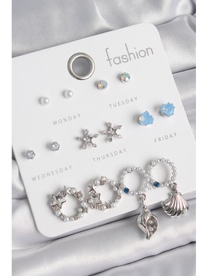 Bsre Pirinç Incli Zirkon Taşlı Yıldızlı7 Çift Kadın Küpe Seti (Gümüş Renk)