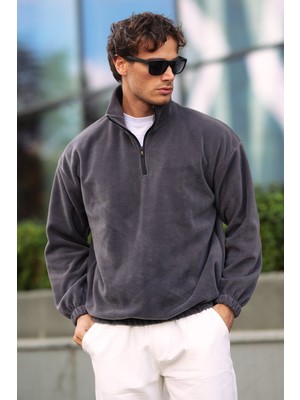 Aziso Erkek Oversize Dik Yaka Fermuarlı Polar Sweatshirt