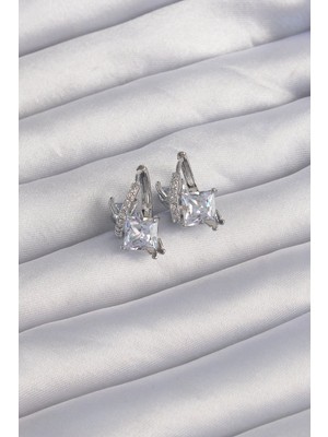 Bsre Pirinç Iri Zirkon Taşlı Kıvrımlı Minimal Kelebekli Halka Küpe (Gümüş Renk)