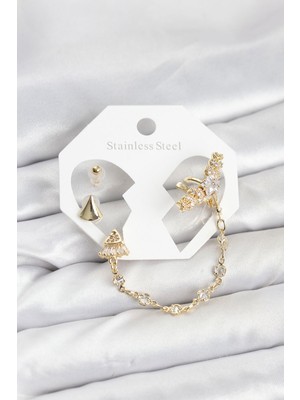 Pirinç Gold Renk Yıldızlı Model Zincir Bağlantılı Ear Cuff Küpe Seti