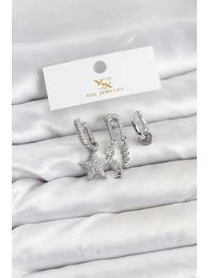 Pirinç Gümüş Renk Zirkon Taşlı Yıldız Vintage Model Ysx Trio Küpe Seti