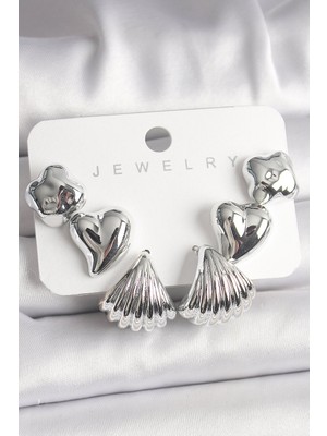 Bsre Yonca Kalp Deniz Kabuğu Figür Kadın Küpe Seti (Gümüş Renk)