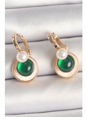 Bsre Pirinç Beyaz Yeşil Sallantı Mineli Kadın Küpe (Gold Renk)