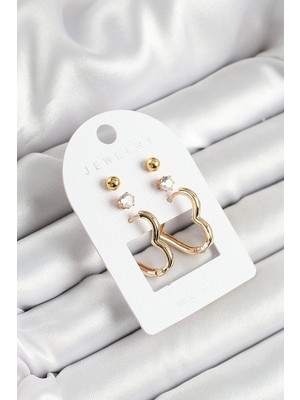 Bsre Pirinç Zirkon Taş ve Kalpli 3'lü Çift Kadın Küpe Set (Gold Renk)