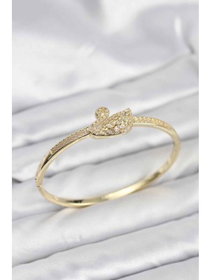 Pirinç Gold Renk Zirkon Taşlı Kuğu Model Kadın Kelepçe Bileklik