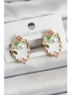 Bsre Pirinç Beyaz Mineli Incili Portre Kadın Küpe (Gold Renk)