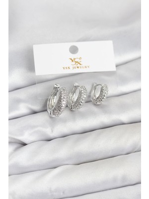Pirinç Gümüş Renk Zirkon Taşlı Halka Model Ysx Trio Küpe Seti