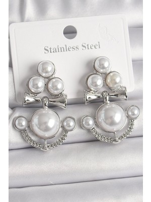 Bsre Pirinç Sallantı Incili Çapa Figürlü Kadın Küpe (Gümüş Renk)