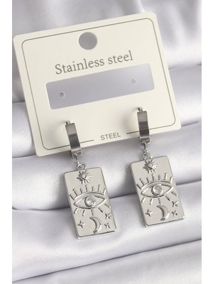 Bsre Gümüş Renk Zirkon Taşlı Göz Plaka Kadın Küpe (316L Çelik)