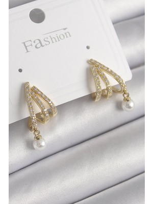 Bsre Pirinç Zirkon Taşlı Pençe Figürlü Incili Kadın Küpe (Gold Renk)