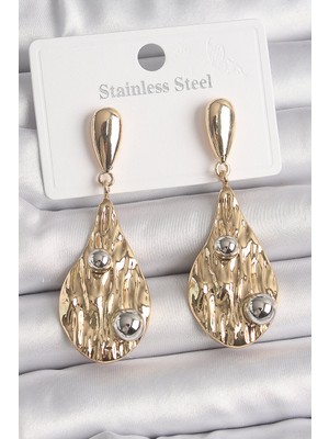 Bsre Pirinç Sallantı Damla Figürlü Gümüş Toplu Kadın Küpe (Gold Renk)