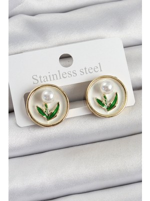 Bsre Pirinç Beyaz Mineli Lale Figürlü Portre Kadın Küpe (Gold Renk)