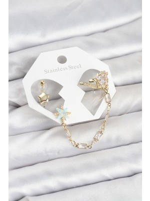 Yıldız Model Pirinç Gold Renk Zincir Bağlantılı Ear Cuff Küpe Seti
