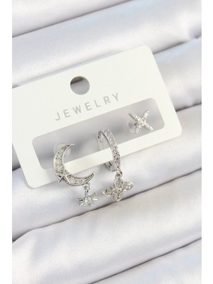 Bsre Pirinç Zirkon Taşlı Çiçek Ay Figürlü 3'lü Çift Kadın Küpe Set (Gümüş Renk)