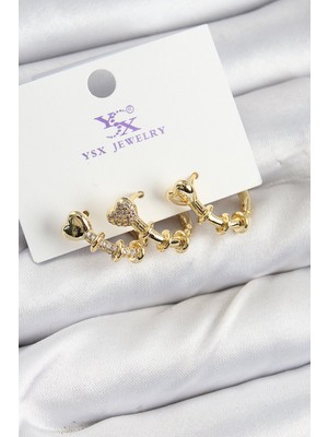 Bsre Pirinç Zirkon Taşlı Kalpli 3'lü Kadın Küpe (Gold Renk)