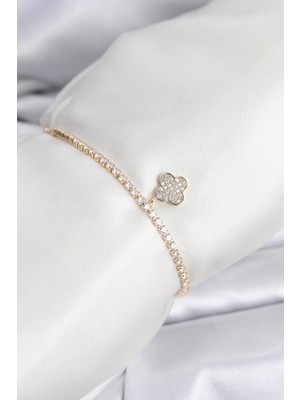 Yonca Model Zirkon Taşlı Gold Renk Asansörlü Su Yolu Bileklik