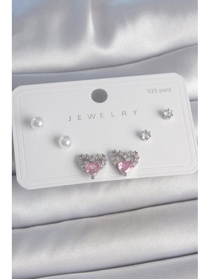 Bsre Pirinç Pembe Zirkon Taşlı Kalpli Incili Kadın Küpe Seti (Gümüş Renk)