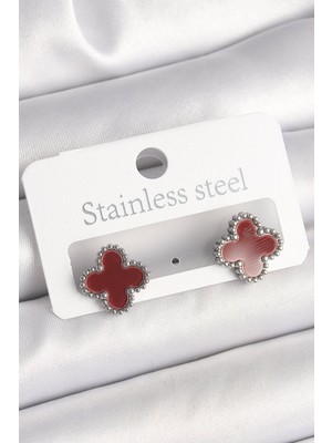 Bsre Pirinç Bordo Yoncalı Kadın Küpe (Gümüş Renk)