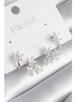 Bsre Pirinç Zirkon Taşlı Çiçek Tasarım Kadın Küpe (Gümüş Renk)